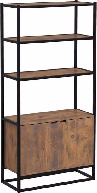 Scaffale Libreria Vintage HOMCOM con 3 Ripiani e Armadietto, Design Industrial in Legno e Metallo Nero, L: 76 cm, P: 33 cm, H: 162.5 cm