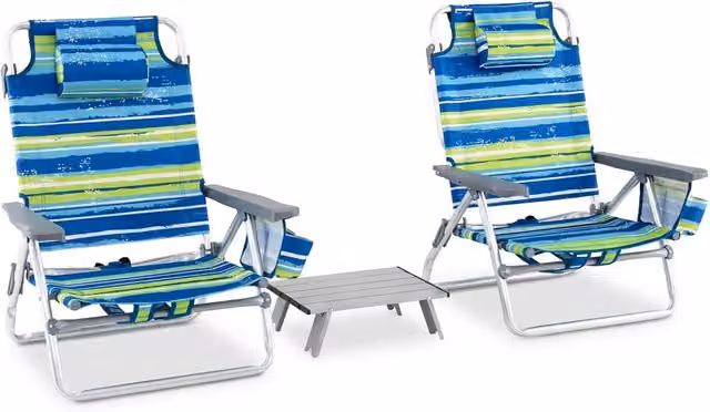 Set di sedie da spiaggia reclinabili e tavolino da campeggio a scomparsa con motivo a righe marittime, colore verde