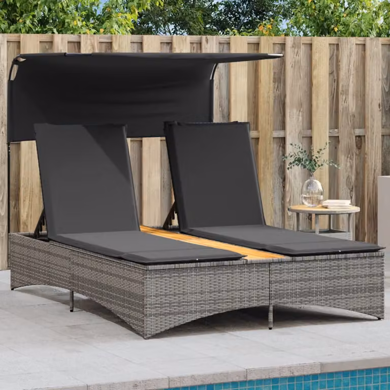 vidaXL Lettino Doppio con Baldacchino e Cuscini in Polyrattan Grigio con Tendalino e Poggiatesta Regolabile