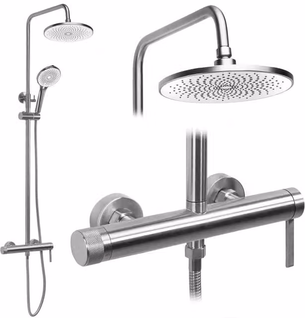 Set Doccia Rea con Colonna Rigida e Doccino in Ottone, Finitura Nickel Spazzolato Argento