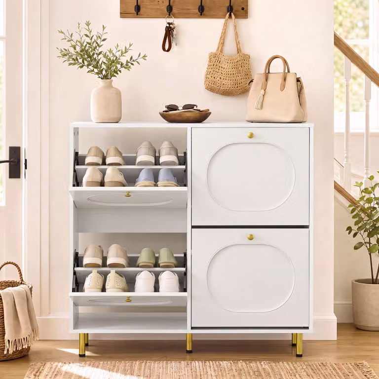 Scarpiera slim Costway con 4 ante a ribalta e ripiani interni, mobiletto salvaspazio in legno e metallo Bianco