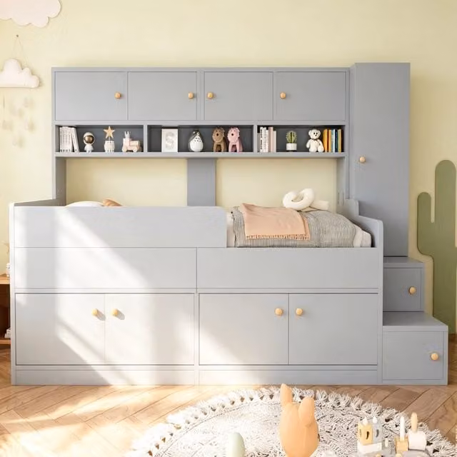 Letto per bambini moderno con contenitore a sollevamento, scala e illuminazione LED, struttura a casetta in legno grigio, L: 200 cm, P: 90 cm