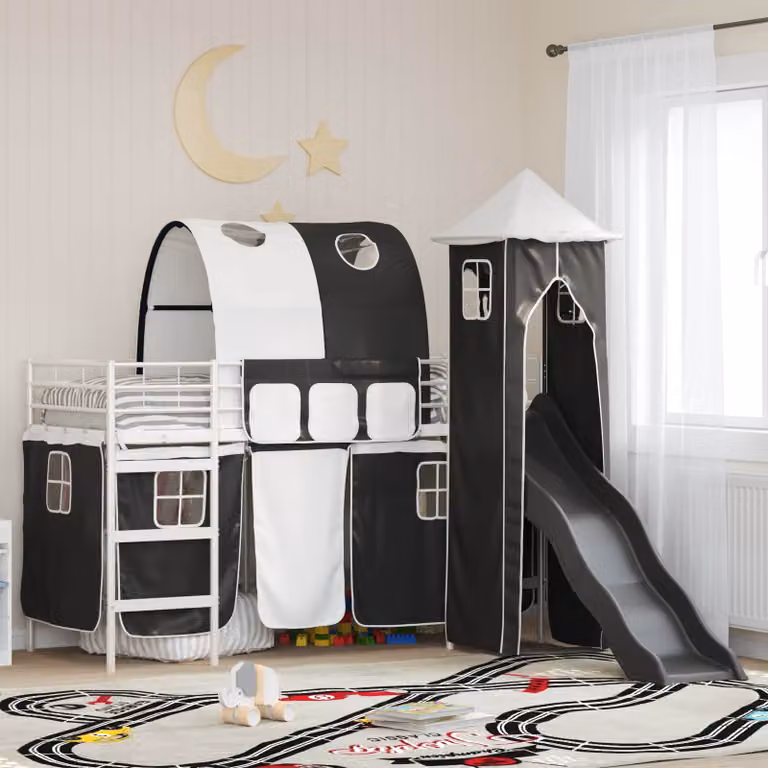 Letto a castello per bambini vidaXL in metallo con struttura a casetta, Bianco, Nero e Blu, L: 194 cm, P: 80 cm, H: 116 cm