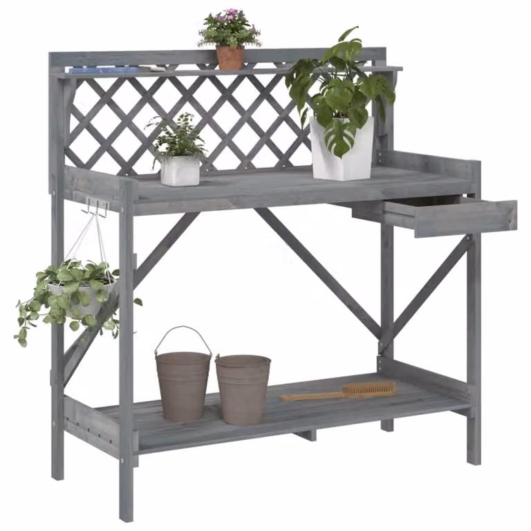 vidaXL Panca Porta Vasi con Traliccio in Legno di Abete Grigio, L: 117 cm, P: 50 cm, H: 110 cm