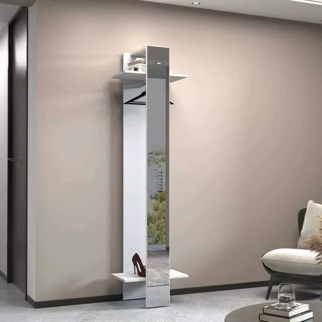 Mobile da ingresso DMORA Maura, armadietto multifunzione moderno con specchio e appendiabiti, Bianco lucido, L: 50 cm, P: 35 cm, H: 190 cm