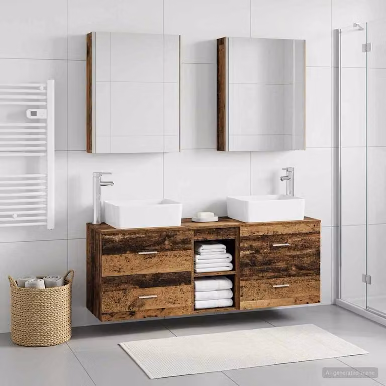 Set di mobili per il bagno moderno vidaXL in legno e vetro marrone con armadietto a specchio, pensile e mobile lavabo con illuminazione LED