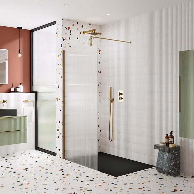 Box Doccia Walk-In Hudson Reed con Vetro Rettangolare e Piatto Doccia, Colore Oro