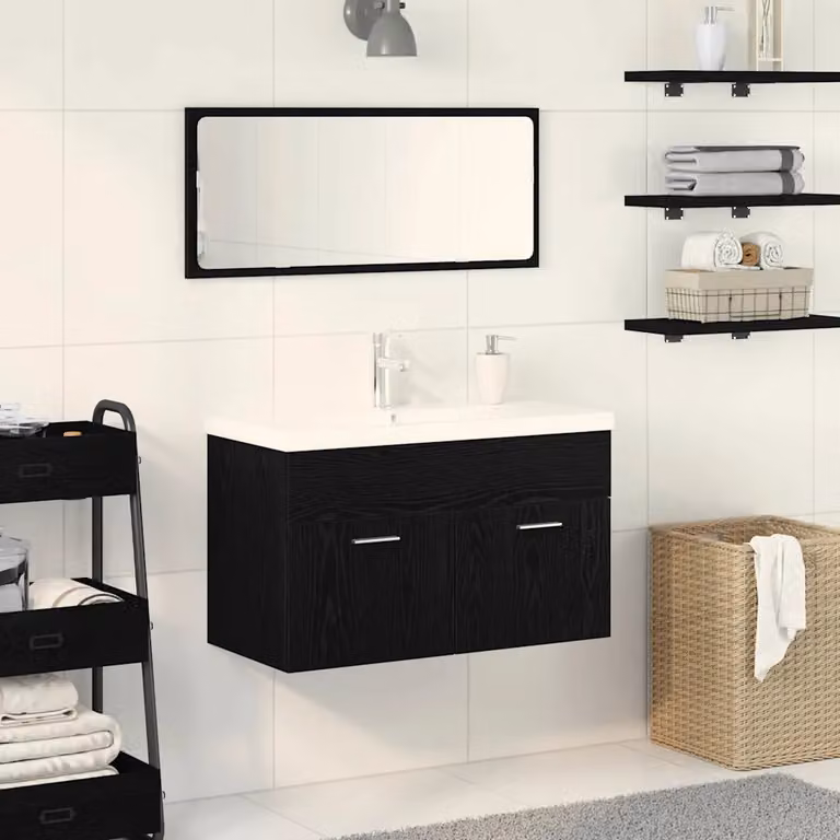 Mobile da bagno sospeso vidaXL in rovere e nero con ante a battente L 90 x P 38,5 x H 46 cm