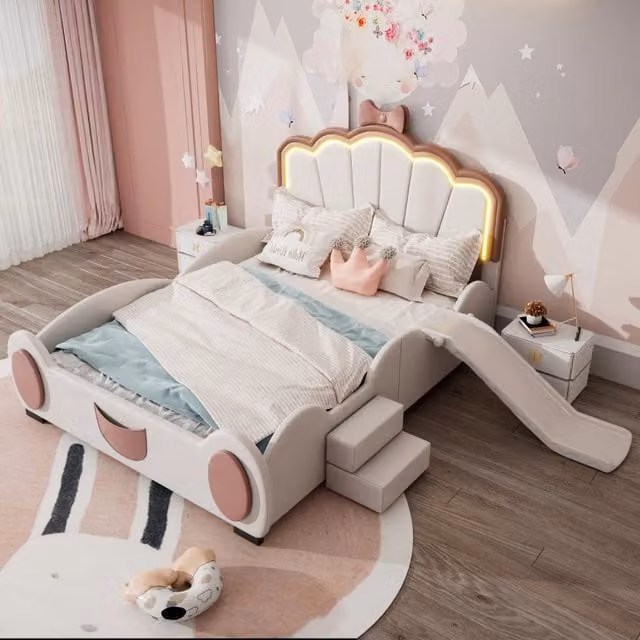 Letto a castello per bambini OKWISH con struttura a casetta, scala, scivolo e LED regolabile, rosa e bianco, L/P/H: 200 x 140 x 126 cm