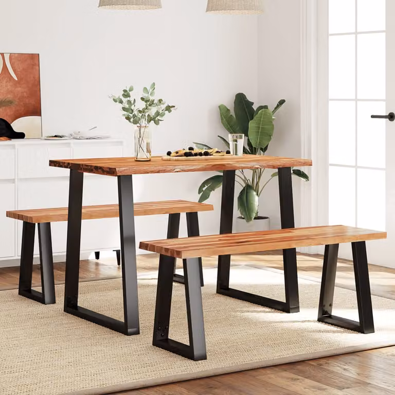 Set da pranzo vidaXL in legno di acacia con bordi vivi e base in metallo, composto da tavolo rettangolare e 2 panche, colori marrone e nero, L: 110 cm, P: 75 cm, H: 70 cm