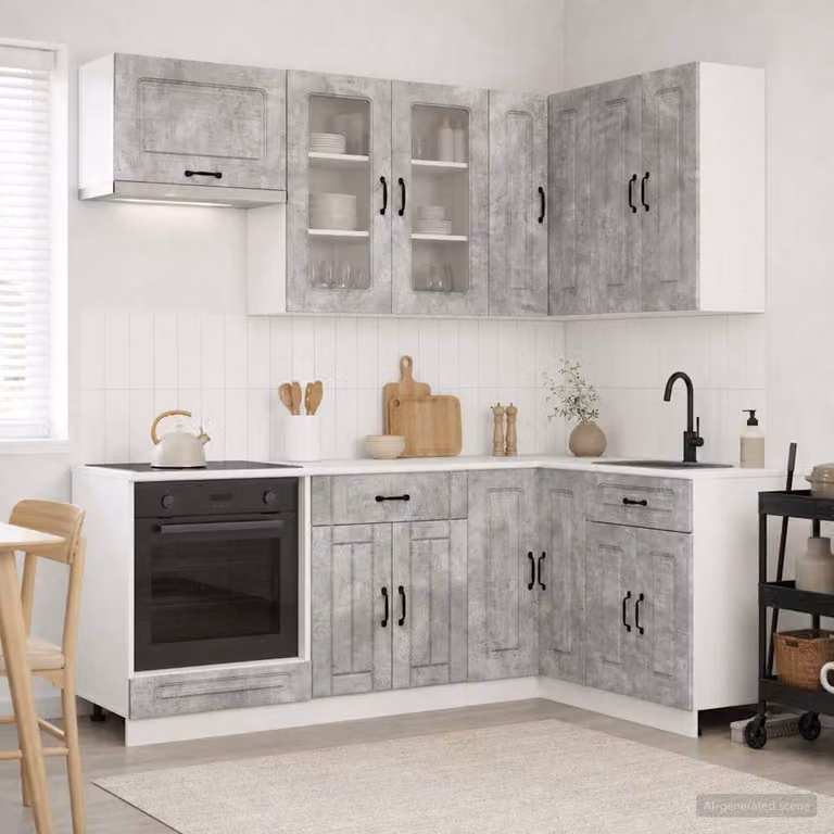 Unità cucina vidaXL KALMAR composta da 8 pezzi in stile minimalista, colore grigio cemento, con ante in vetro e ripiani interni in legno ingegnerizzato