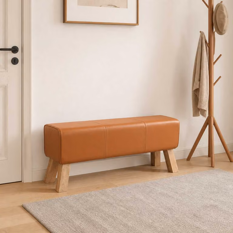 Panchina moderna vidaXL in legno e pelle marrone L 110 x P 30 x H 45 cm