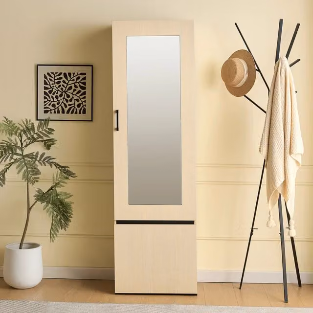 Armadio guardaroba stretto in stile scandinavo con specchio, asta appendiabiti e ripiani interni, marrone e beige, L: 54 cm, P: 34,5 cm, H: 179,5 cm