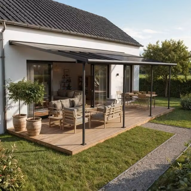 Pergola addossata Palram Canopia Sierra Cabrio in alluminio e policarbonato, colore grigio, L: 9,2 m x P: 3 m