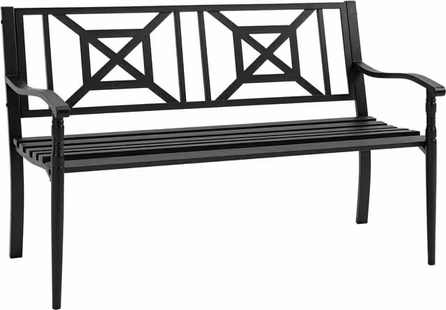 Panchina da giardino Aosom in acciaio nero per 2 persone con schienale alto e braccioli L: 128 cm, P: 62.5 cm, H: 81.5 cm
