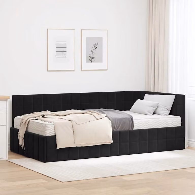vidaXL Struttura Letto Angolare con Materasso in Velluto Nero, L/P/H: 90 x 200 cm