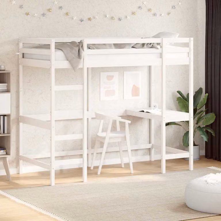 Letto Soppalco con Scrivania vidaXL in Legno di Pino Massello Bianco L/P/H: 205.5 x 90 x 175 cm