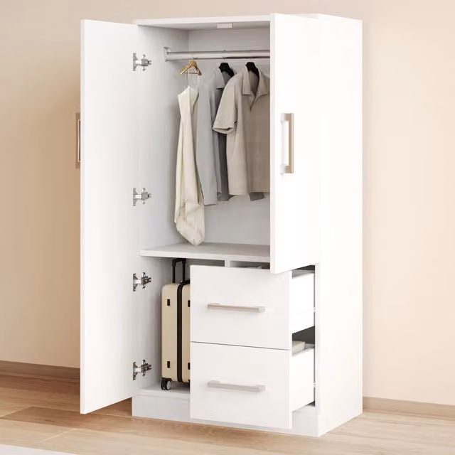 Armadio guardaroba per cameretta con due ante e cassetti bianchi, design moderno in legno e MDF, H 135 x L 70 x P 40 cm
