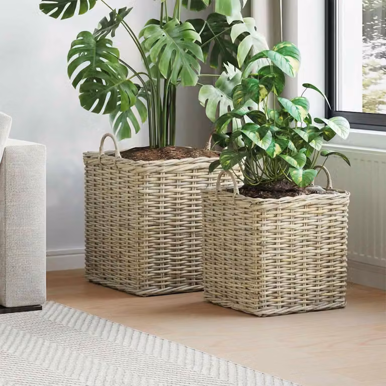 Set di 2 cestini per piante vidaXL GENDT in rattan color beige e grigio con maniglie