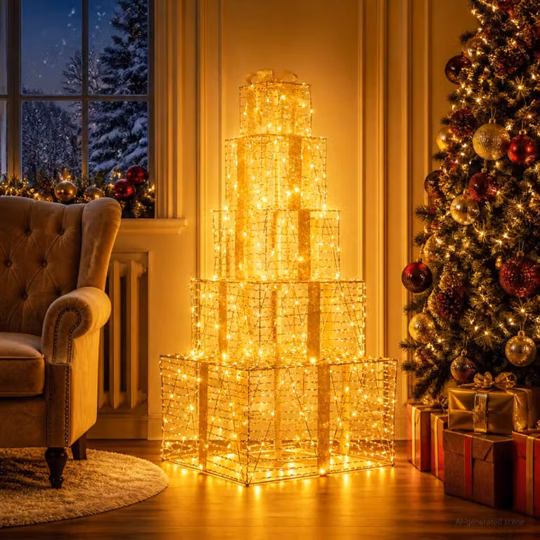 vidaXL Decorazioni Natalizie Pacchi Regalo Impilabili con 250 LED Bianco Caldo, Colore Bianco e Oro/Ottone