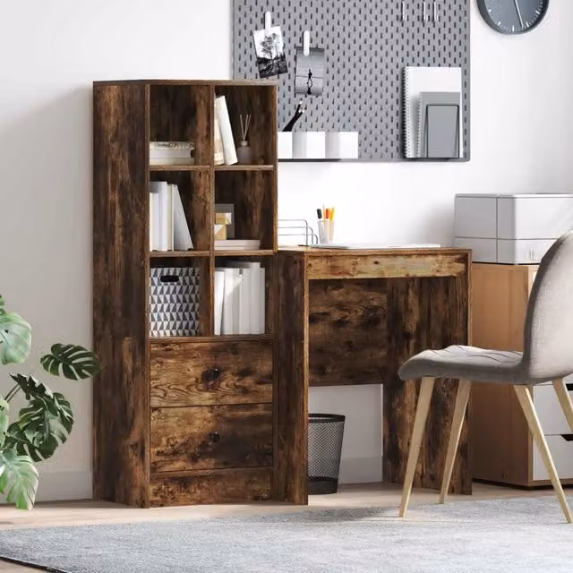 Set di 2 Scrivanie con Scaffale Moderno vidaXL in Rovere Fumé, L: 105,5 cm, P: 50 cm, H: 127 cm