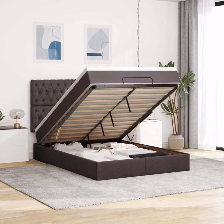 Letto con contenitore a sollevamento e materasso vidaXL in tessuto con porta USB e illuminazione sottostante, L/P/H: 200 x 140 x 280 cm