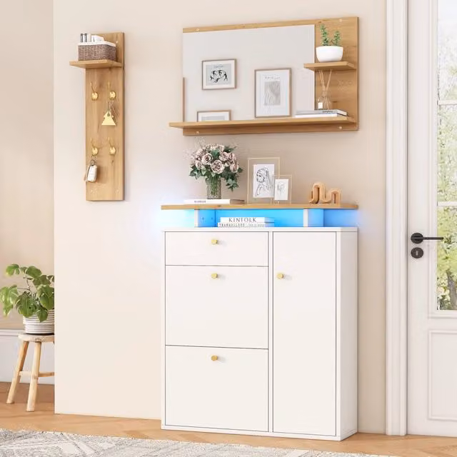 Mobili da ingresso OKWISH con specchio, scarpiera e appendiabiti a 4 ganci, bianco, L: 105 cm, P: 25 cm, H: 151.5 cm
