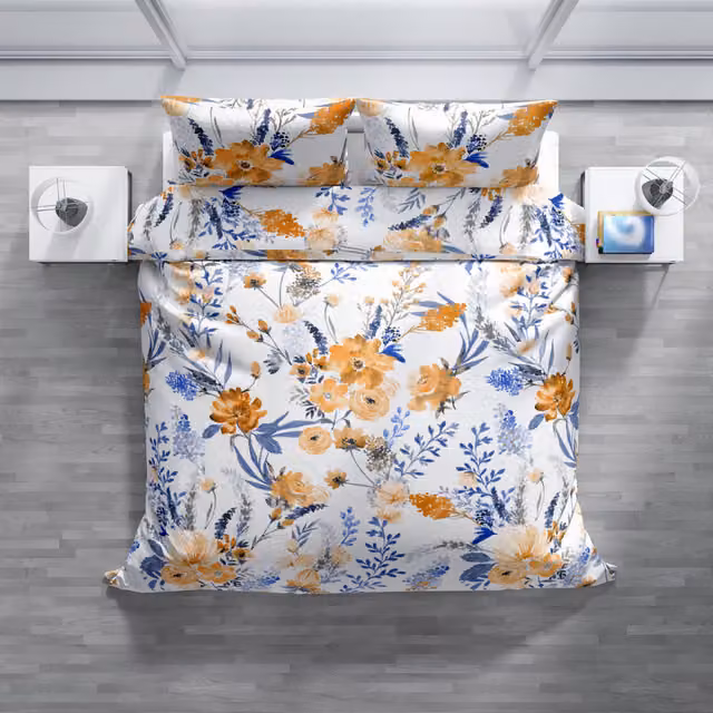 Completo copripiumino e federe DaunenStep Joy in cotone Mako Satin bianco con fantasia floreale naturale