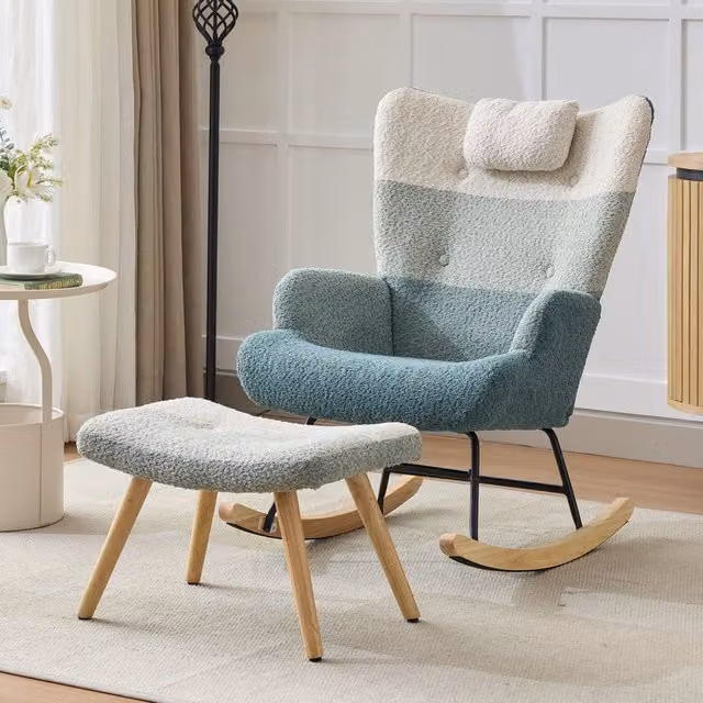 Poltrona a dondolo moderna OKWISH in bouclé multicolore con schienale alto, tasca laterale e struttura in metallo e legno, L: 83 cm, P: 65,5 cm, H: 95 cm