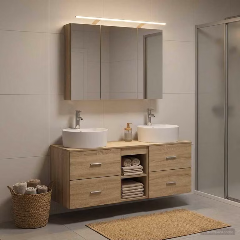 Set di mobili da bagno moderno vidaXL in legno e vetro marrone con armadietto a specchio con illuminazione LED e mobile lavabo