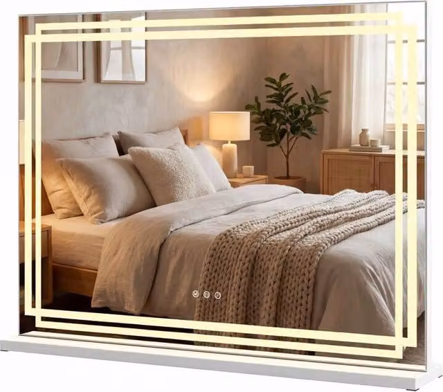 Specchio da tavolo per trucco DESIGN IN con luci LED dimmerabili e controllo touch intelligente, Bianco, L 80 cm x H 62 cm x P 14 cm