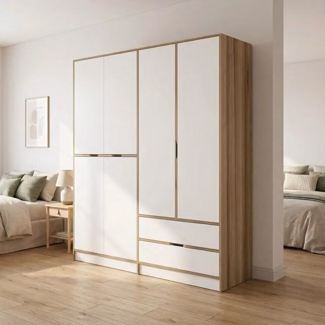 Armadio da camera da letto Odalys DMORA con ante a battente e cassetti integrati, Bianco e Marrone, L: 185 cm, H: 208 cm