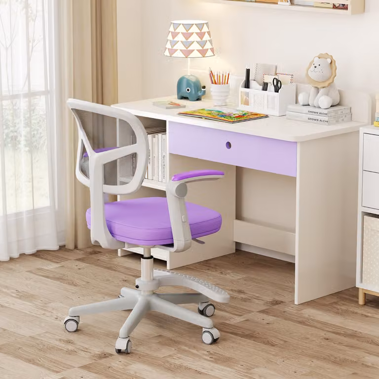 Sedia da studio Costway viola per bambini con altezza regolabile, schienale in rete e ruote universali
