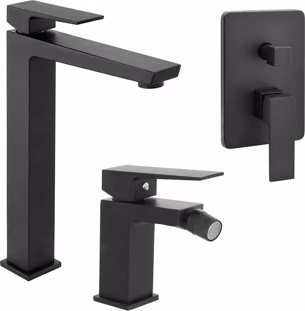 Set di rubinetteria per lavabo, bidet e doccia Kubo in ottone nero opaco con scarico pop-up e miscelatore a incasso