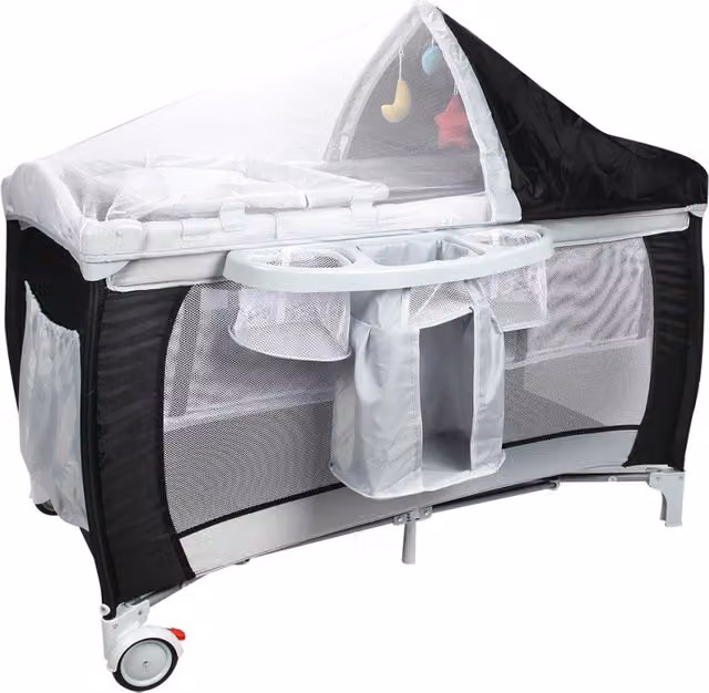 Culla pieghevole per bimbo con zanzariera e due livelli regolabili, colore nero, L 120 cm x P 60 cm x H 76 cm