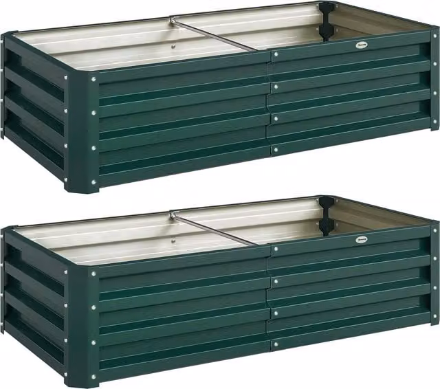 Set di 2 orti rialzati rettangolari Outsunny in acciaio ondulato galvanizzato, Verde scuro, L: 120 cm, P: 60 cm, H: 30,5 cm