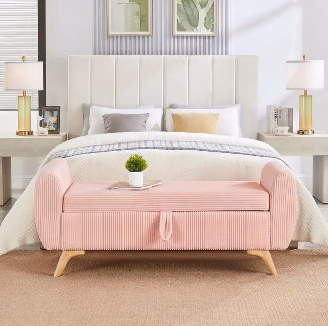 Panca contenitore pieghevole MODFU in velluto a coste rosa con gambe in legno L: 150 cm, P: 51 cm, H: 57 cm