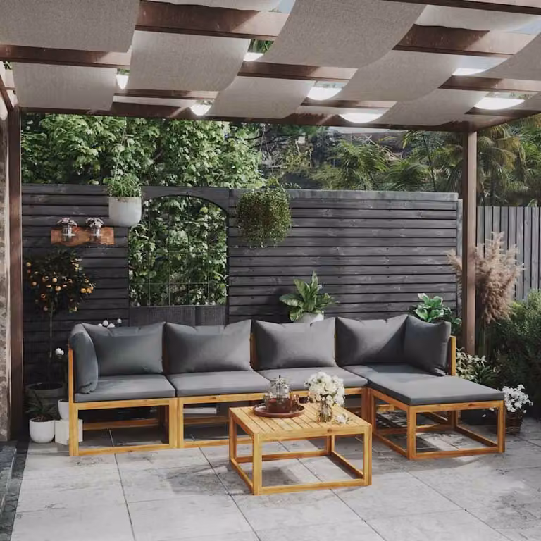 Set di Divani da Giardino vidaXL in Legno di Acacia con Cuscini Grigi, 6 Pezzi, Design Moderno a L con Tavolino e Pouf