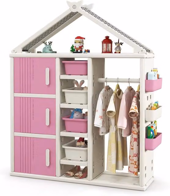 Armadio per Bambini Costway Organizzatore a Forma di Casa con Lavagna e Cestini Rosa, Grigio e Bianco per Camera da Letto e Soggiorno