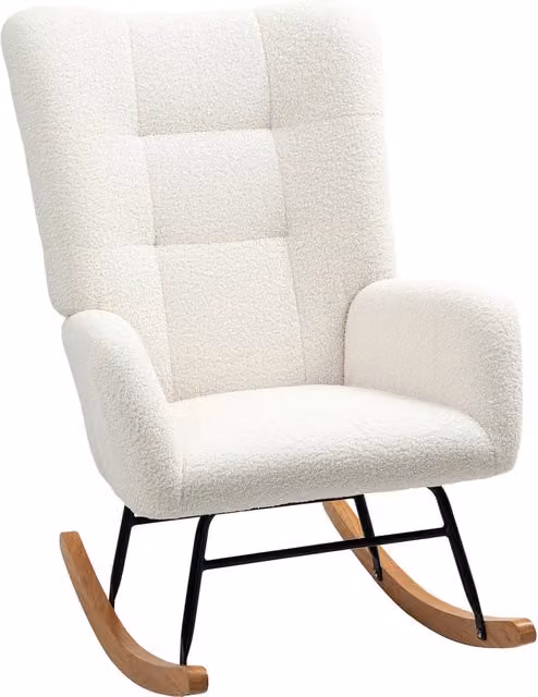 Sedia a dondolo WISHDOR in tessuto bouclé bianco con braccioli e base in legno e metallo