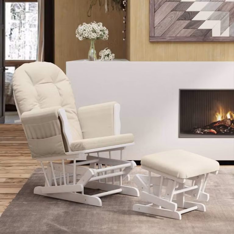 vidaXL Poltrona Glider con Sgabello in Tessuto Bianco Crema e Struttura in Legno Massello