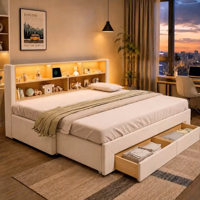 Letto da giorno estraibile Mivray in velluto beige con cassetti, porte USB e illuminazione LED, estensibile da 90 x 200 cm a 180 x 200 cm