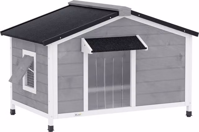 Casetta rialzata per cani PawHut in legno con tenda protettiva e 2 finestre, adatta fino a 20 kg e 80 cm, L: 109 cm, P: 79 cm, H: 72 cm, Nero, Grigio, Bianco