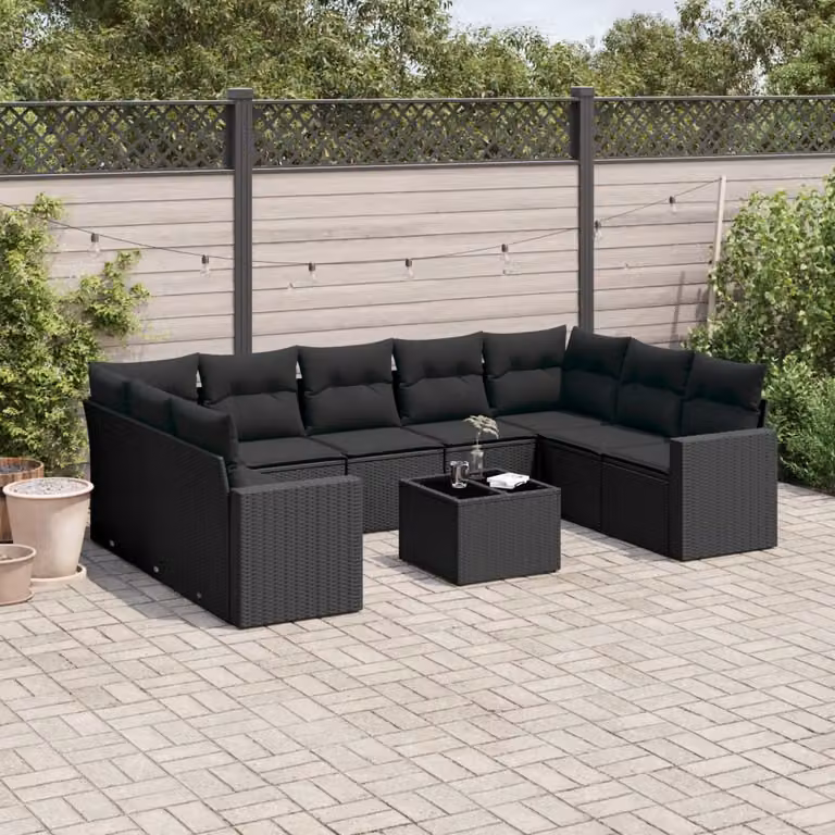 vidaXL Set Divani da Giardino a Forma di U in Polyrattan Nero con Cuscini e Tavolino da Esterno