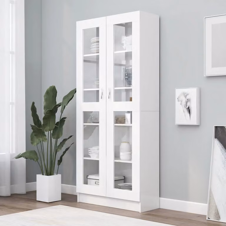 Armadietto Vetrina vidaXL Bianco con Ante in Vetro e Ripiani Interni L: 82,5 cm, P: 30,5 cm, H: 185 cm