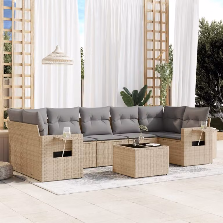 Set Divano da Giardino vidaXL 8 pz in Polyrattan Beige con Cuscini e Tavolino