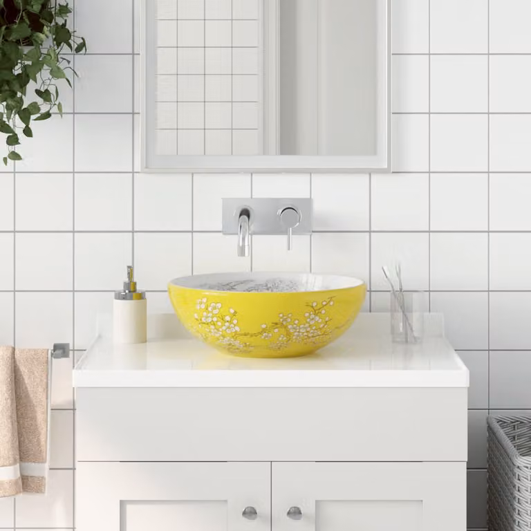 Lavabo da appoggio rotondo vidaXL in ceramica bianco e giallo Φ41 x H 14 cm
