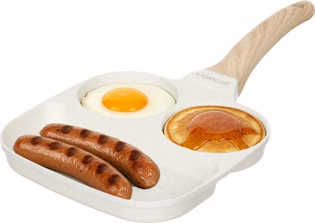 Padella con 2 scomparti tondi e grill Mini Mania Kasanova, beige e bianca, antiaderente in alluminio e ceramica