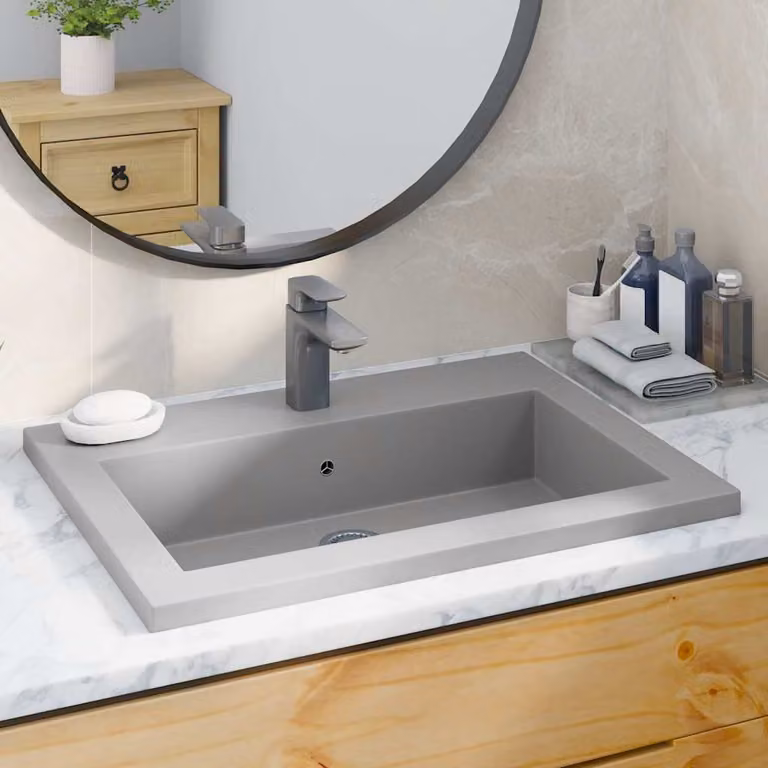 Lavandino in granito composito vidaXL grigio con troppo pieno, L: 60 cm, P: 45 cm, H: 12 cm