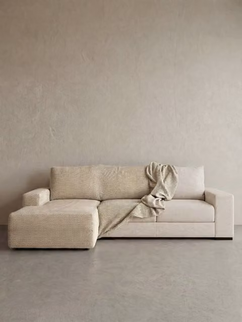 Fodera per divano chaise longue Coven Kenay Home, modello a righe jacquard beige e bianco, con bracciolo lungo a sinistra, Larghezza: 300 cm